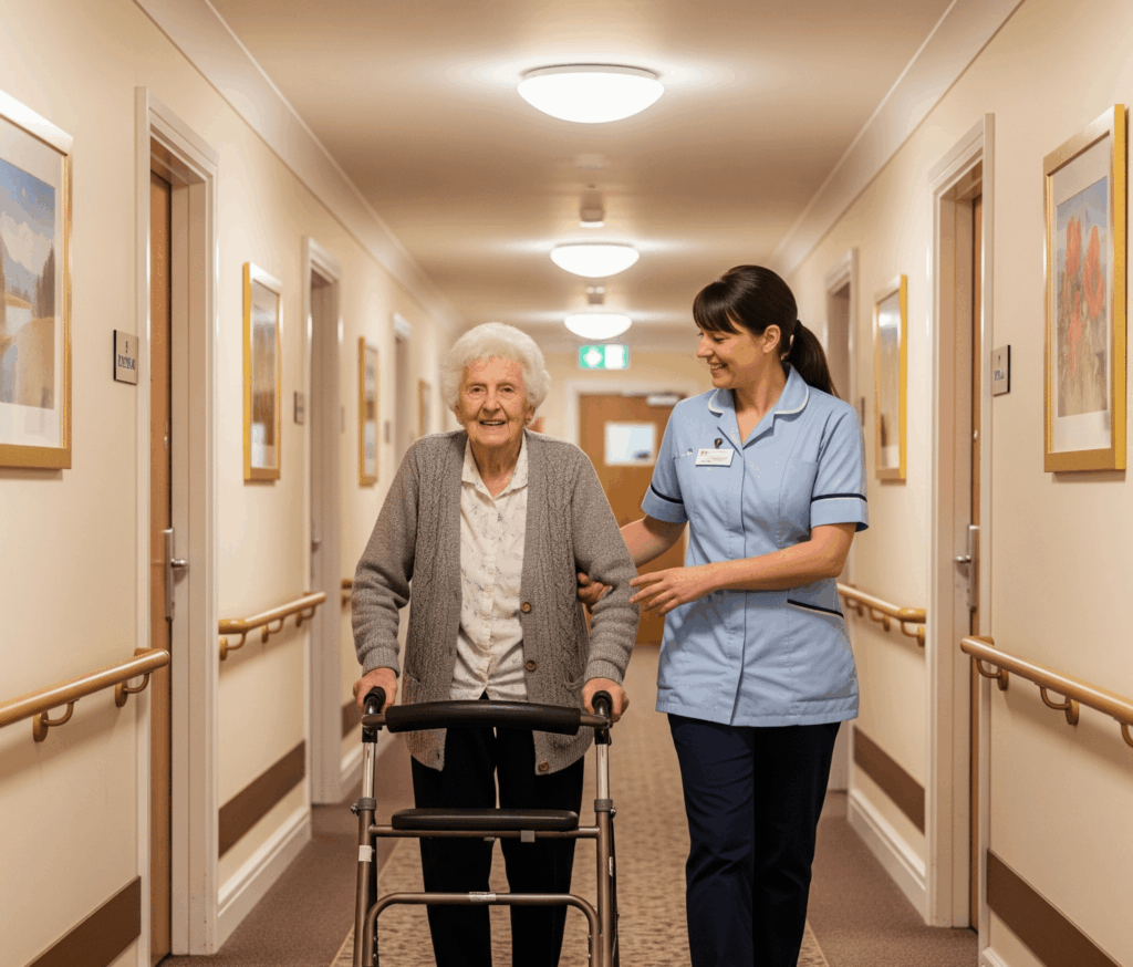 resident walking through care home with nurse