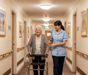 resident walking through care home with nurse